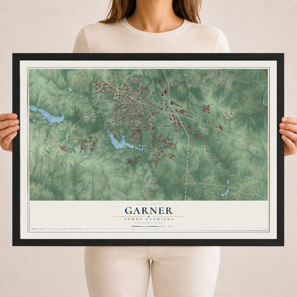 Map of Garner, North Carolina, 18 x 24 inch print in a black wood frame