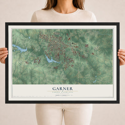 Map of Garner, North Carolina, 18 x 24 inch print in a black wood frame