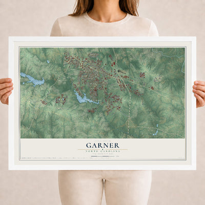 Map of Garner, North Carolina, 18 x 24 inch print in a white wood frame