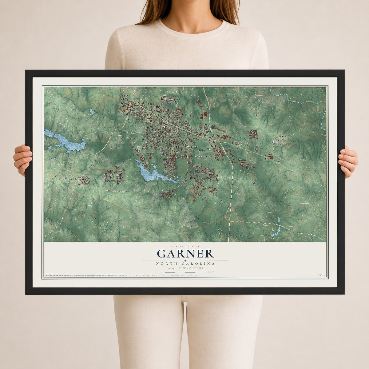 Map of Garner, North Carolina, 24 x 36 inch print in a black wood frame
