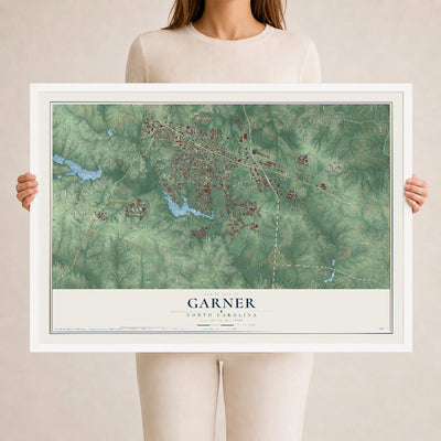 Map of Garner, North Carolina, 24 x 36 inch print in a white wood frame
