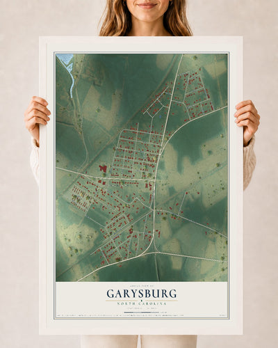 Map of Garysburg, North Carolina, 24 x 36 inch print in a white wood frame