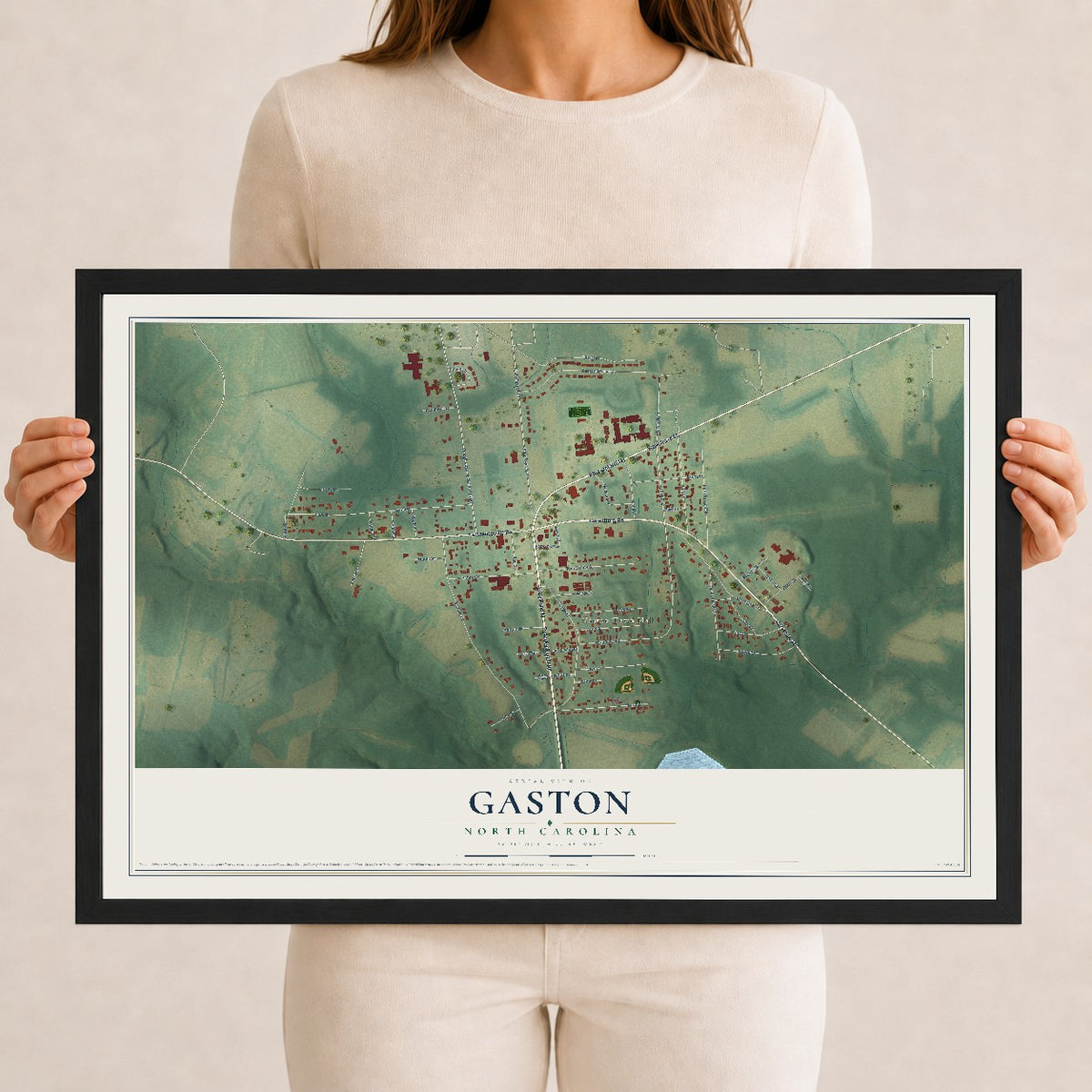 Map of Gaston, North Carolina, 12 x 18 inch print in a black wood frame