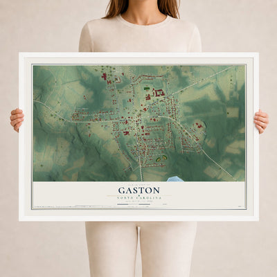 Map of Gaston, North Carolina, 24 x 36 inch print in a white wood frame