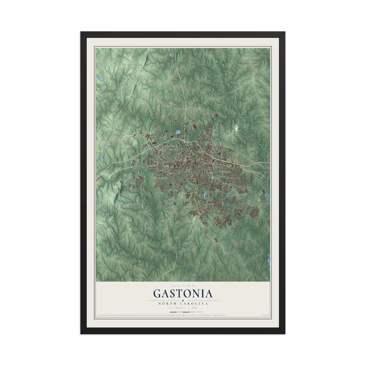 Map of Gastonia, North Carolina, 12 x 18 inch print in a black wood frame