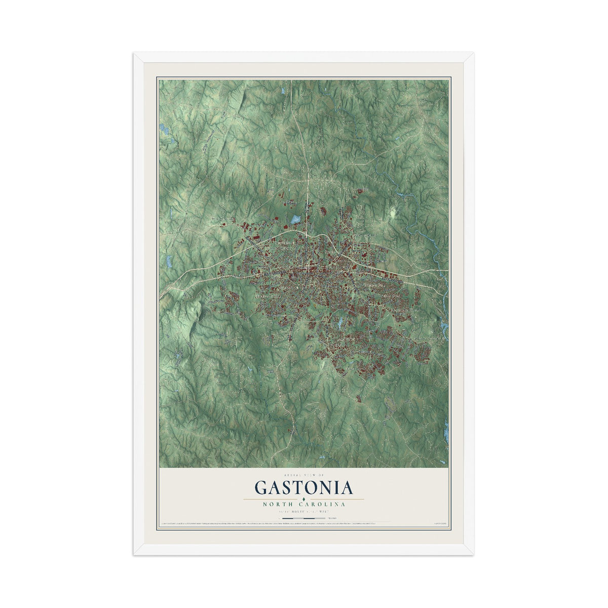 Map of Gastonia, North Carolina, 12 x 18 inch print in a white wood frame