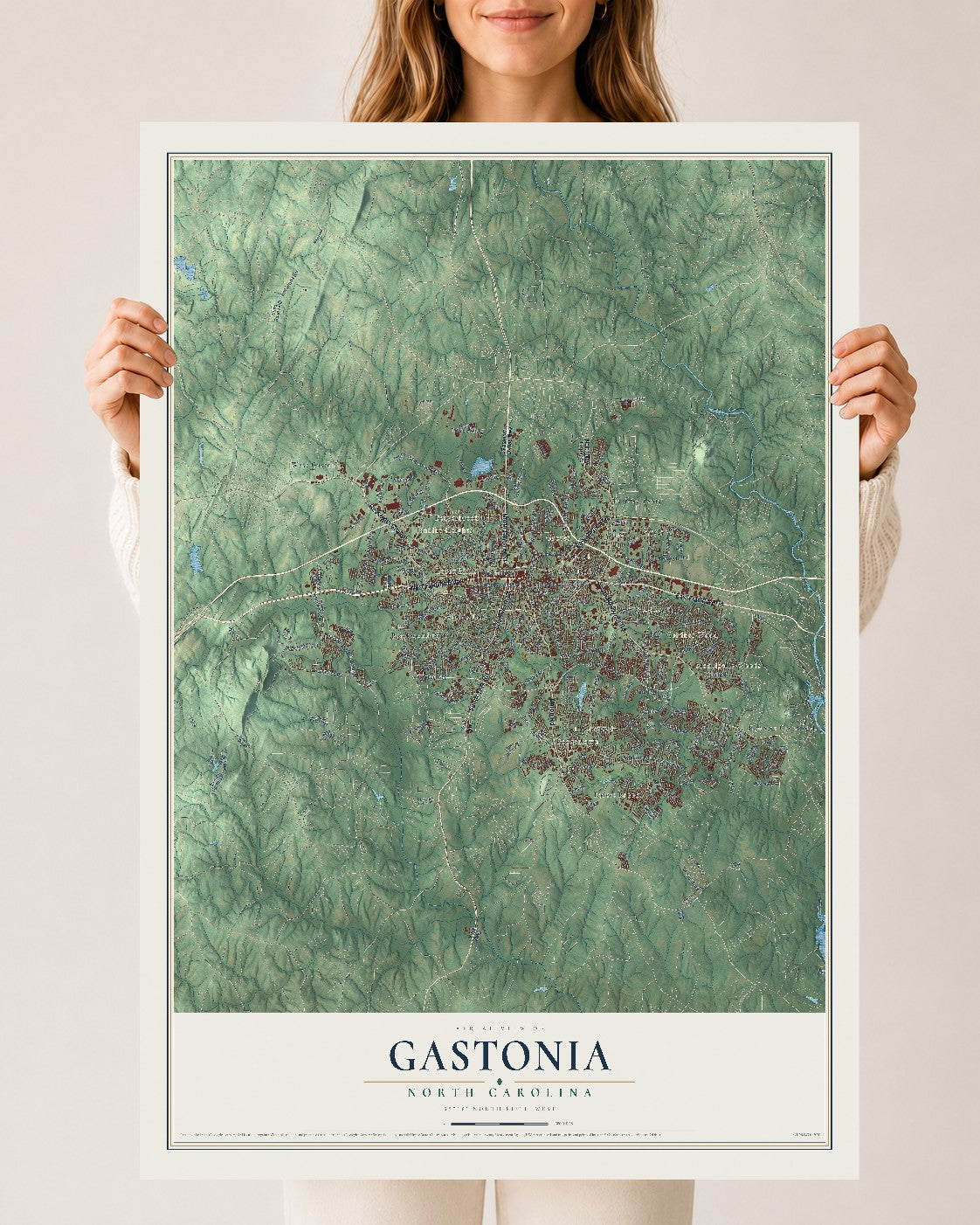 Map of Gastonia, North Carolina, 24 x 36 inch unframed archival matte print