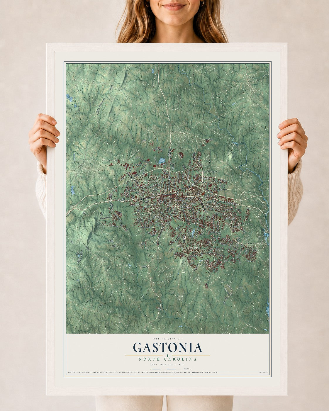 Map of Gastonia, North Carolina, 24 x 36 inch print in a white wood frame