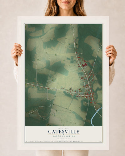 Map of Gatesville, North Carolina, 24 x 36 inch print in a white wood frame