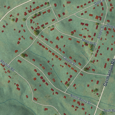 Close-up of the map of Germanton, North Carolina print showing street and building detail