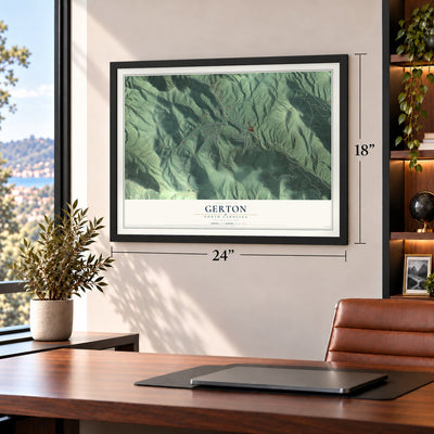 Gerton, North Carolina map, 18 x 24 inch print in a black frame in a home office
