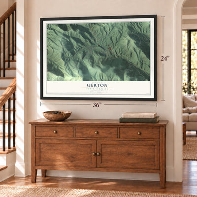 Gerton, North Carolina map, 24 x 36 inch print in a black frame above a dresser by a staircase