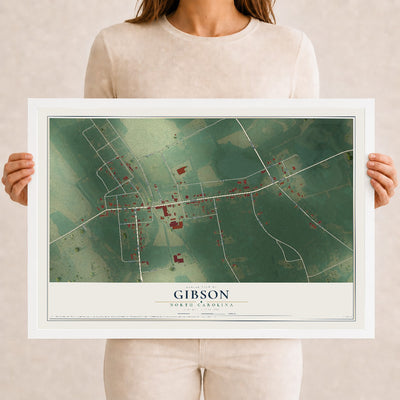 Map of Gibson, North Carolina, 12 x 18 inch print in a white wood frame
