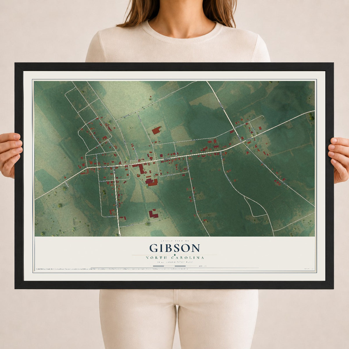 Map of Gibson, North Carolina, 18 x 24 inch print in a black wood frame