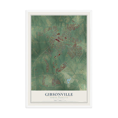 Map of Gibsonville, North Carolina, 12 x 18 inch print in a white wood frame