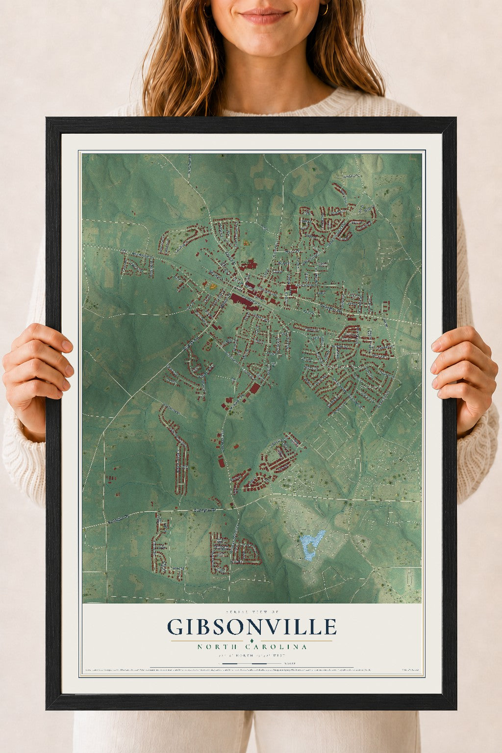 Map of Gibsonville, North Carolina, 18 x 24 inch print in a black wood frame