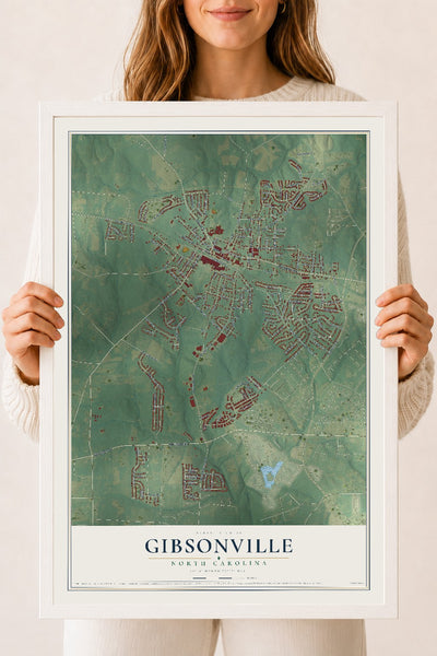 Map of Gibsonville, North Carolina, 18 x 24 inch print in a white wood frame