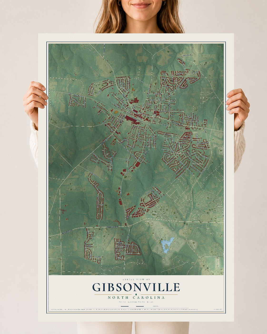 Map of Gibsonville, North Carolina, 24 x 36 inch unframed archival matte print
