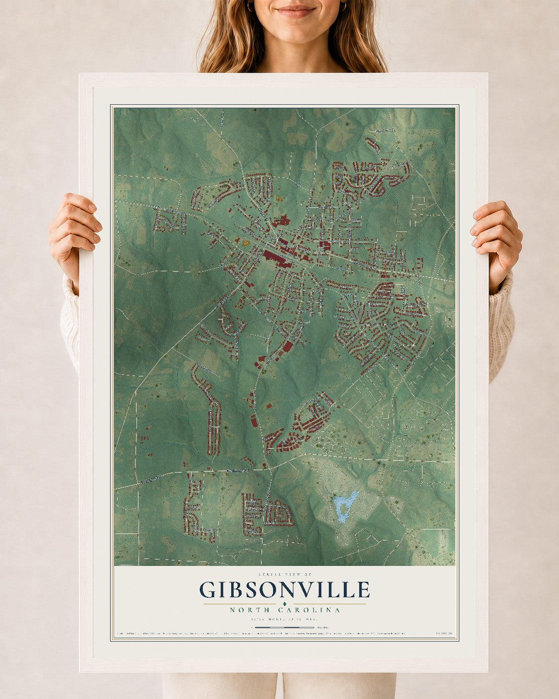 Map of Gibsonville, North Carolina, 24 x 36 inch print in a white wood frame
