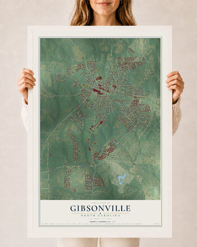 Map of Gibsonville, North Carolina, 24 x 36 inch print in a white wood frame