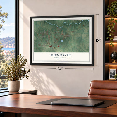 Glen Raven, North Carolina map, 18 x 24 inch print in a black frame in a home office