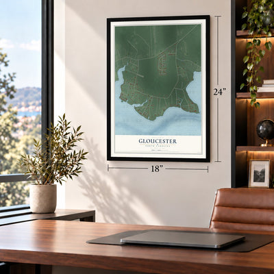 Gloucester, North Carolina map, 18 x 24 inch print in a black frame in a home office