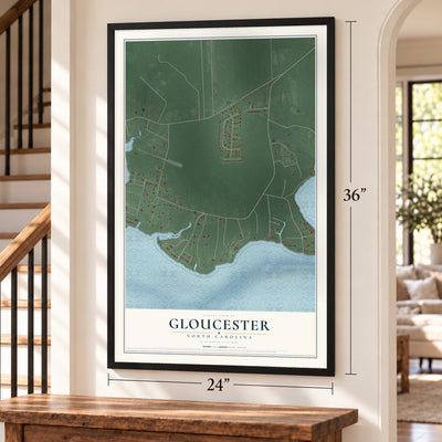 Gloucester, North Carolina map, 24 x 36 inch print in a black frame by a staircase
