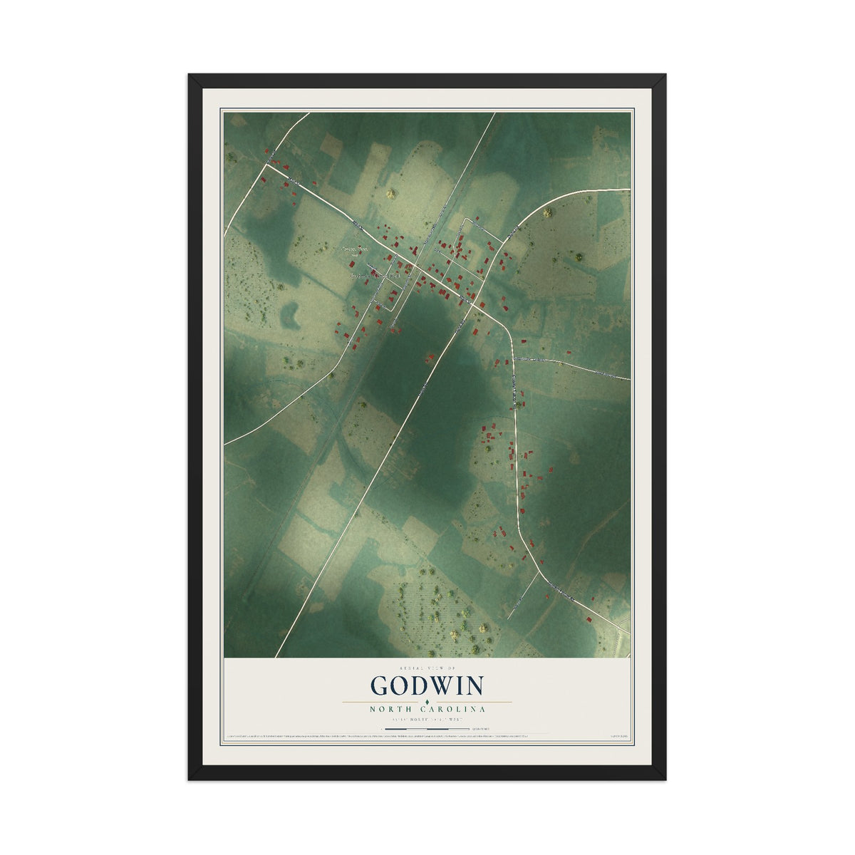 Map of Godwin, North Carolina, 12 x 18 inch print in a black wood frame