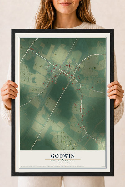 Map of Godwin, North Carolina, 18 x 24 inch print in a black wood frame