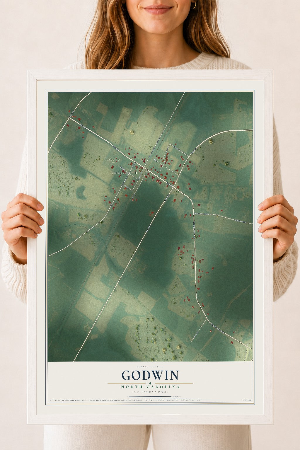 Map of Godwin, North Carolina, 18 x 24 inch print in a white wood frame