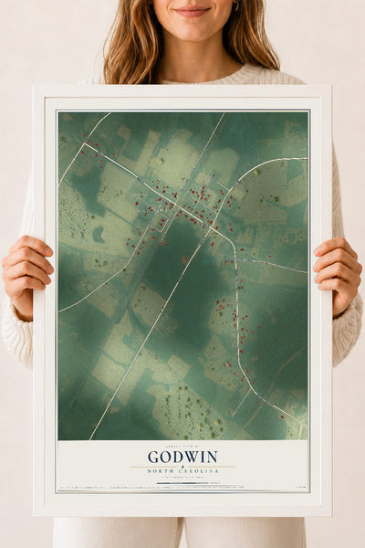 Map of Godwin, North Carolina, 18 x 24 inch print in a white wood frame
