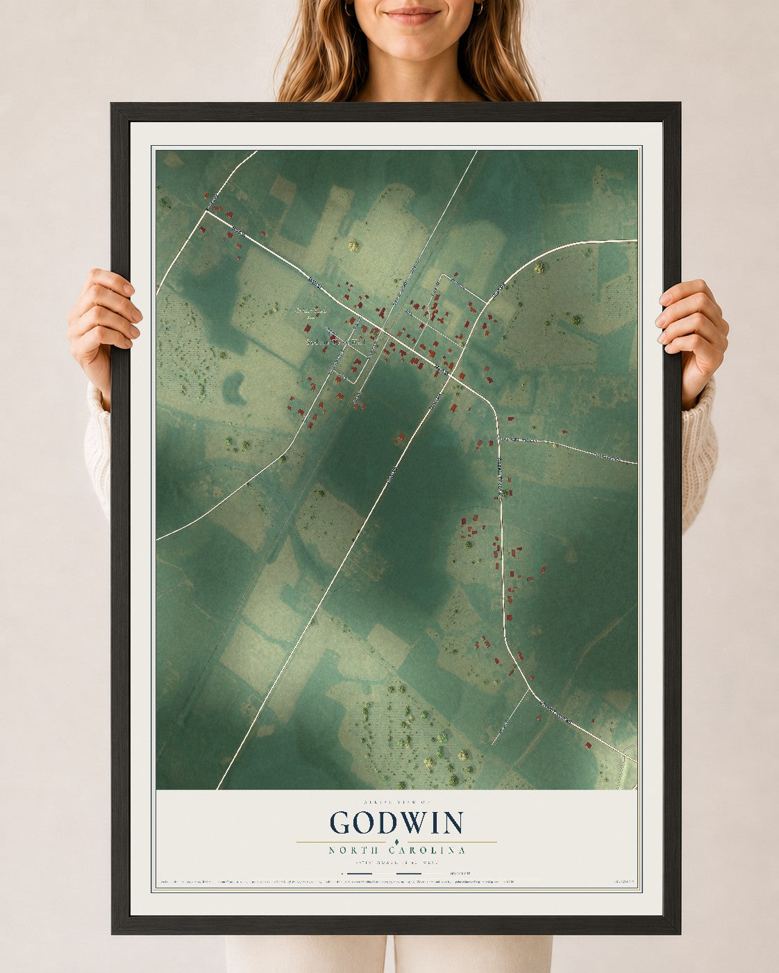 Map of Godwin, North Carolina, 24 x 36 inch print in a black wood frame
