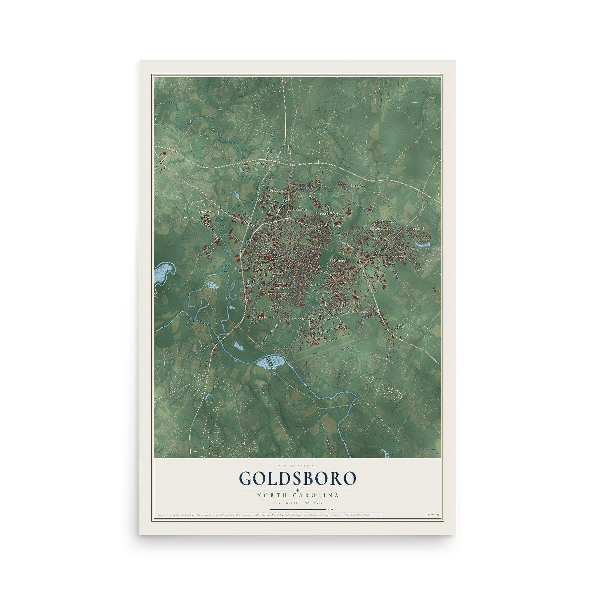 Map of Goldsboro, North Carolina, 12 x 18 inch unframed archival matte print
