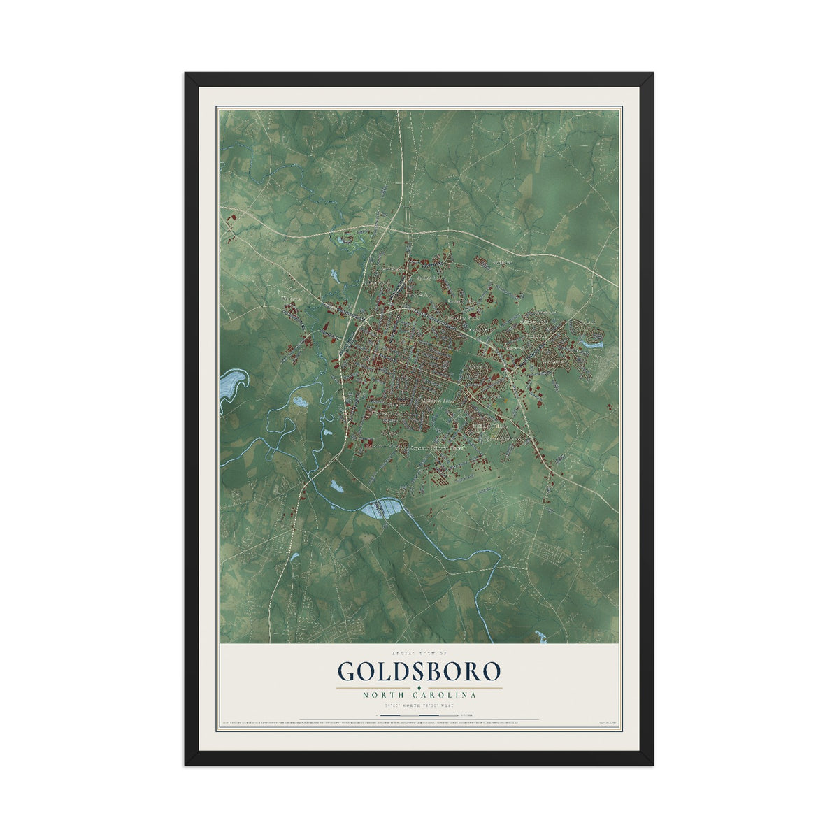 Map of Goldsboro, North Carolina, 12 x 18 inch print in a black wood frame