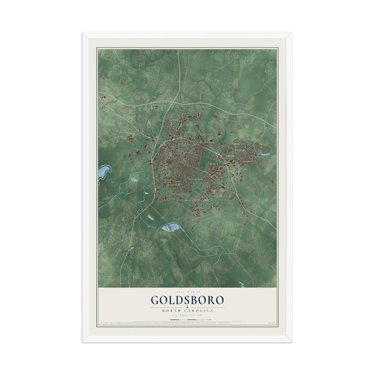 Map of Goldsboro, North Carolina, 12 x 18 inch print in a white wood frame