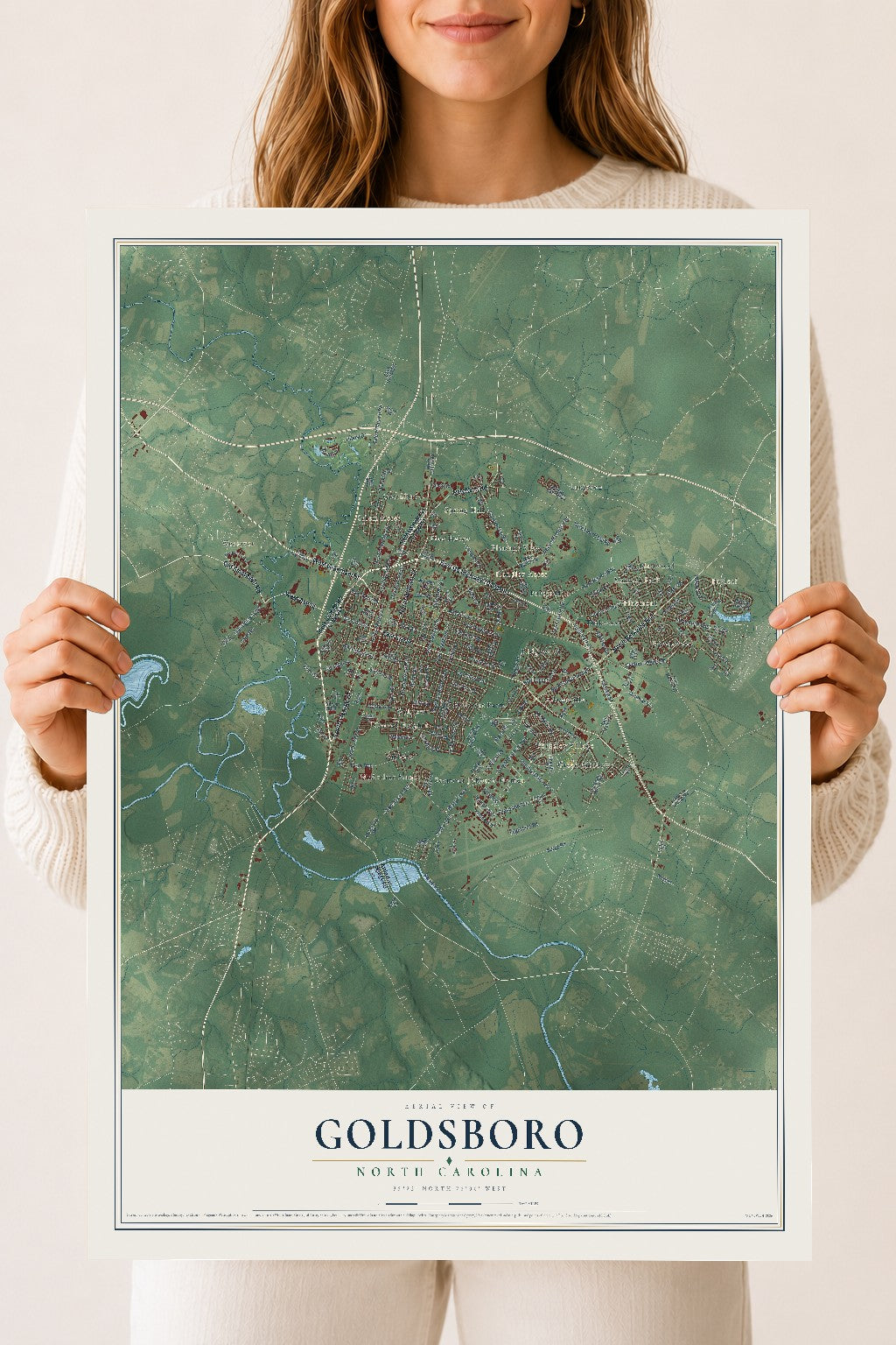 Map of Goldsboro, North Carolina, 18 x 24 inch unframed archival matte print