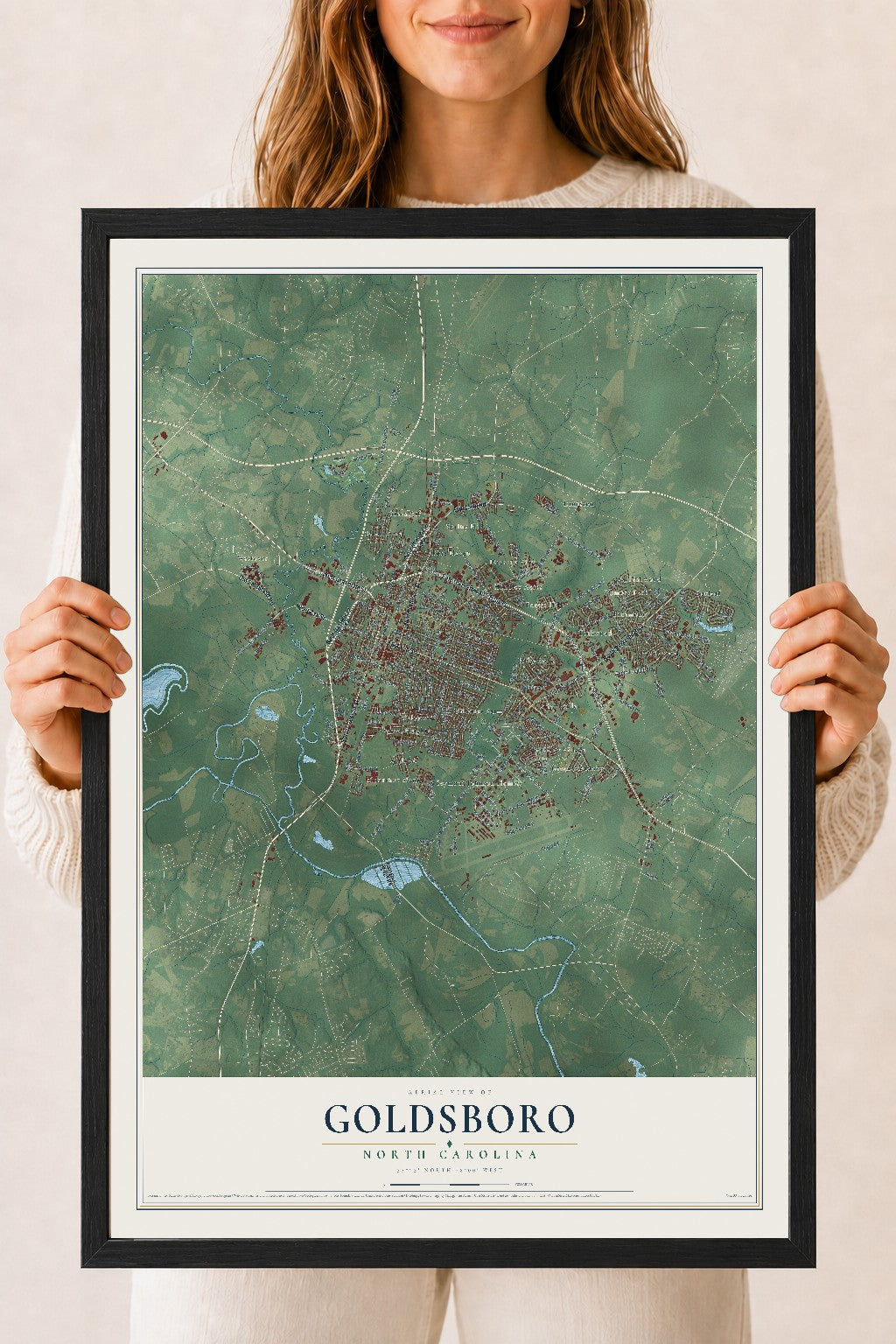 Map of Goldsboro, North Carolina, 18 x 24 inch print in a black wood frame