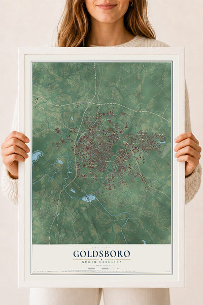 Map of Goldsboro, North Carolina, 18 x 24 inch print in a white wood frame