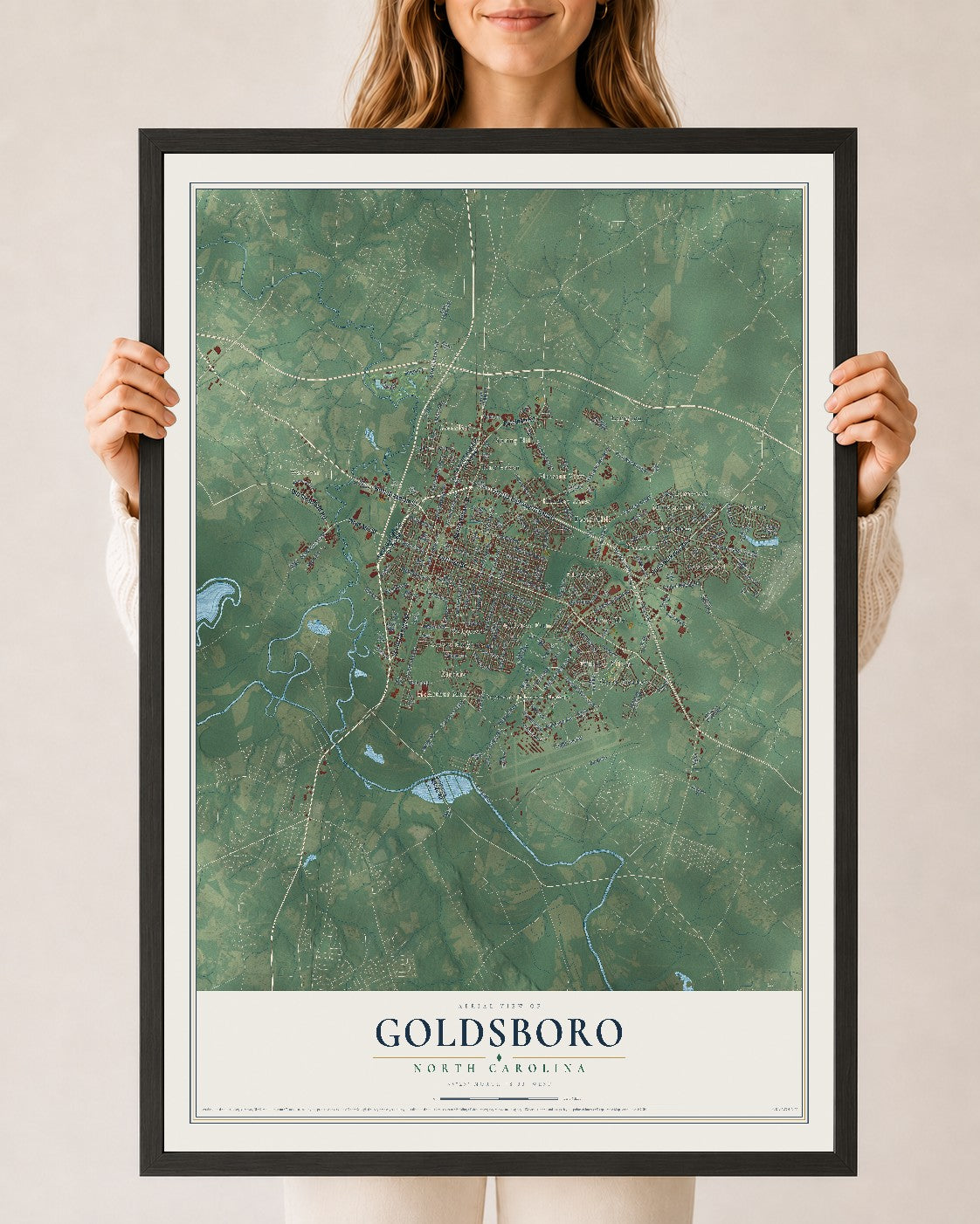 Map of Goldsboro, North Carolina, 24 x 36 inch print in a black wood frame