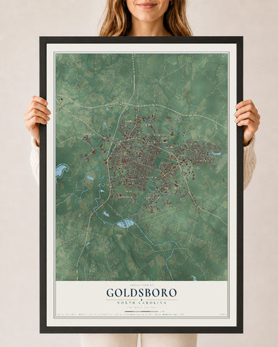 Map of Goldsboro, North Carolina, 24 x 36 inch print in a black wood frame
