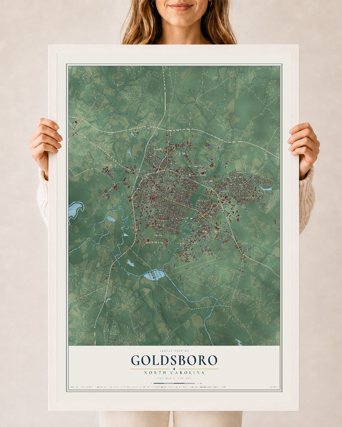 Map of Goldsboro, North Carolina, 24 x 36 inch print in a white wood frame