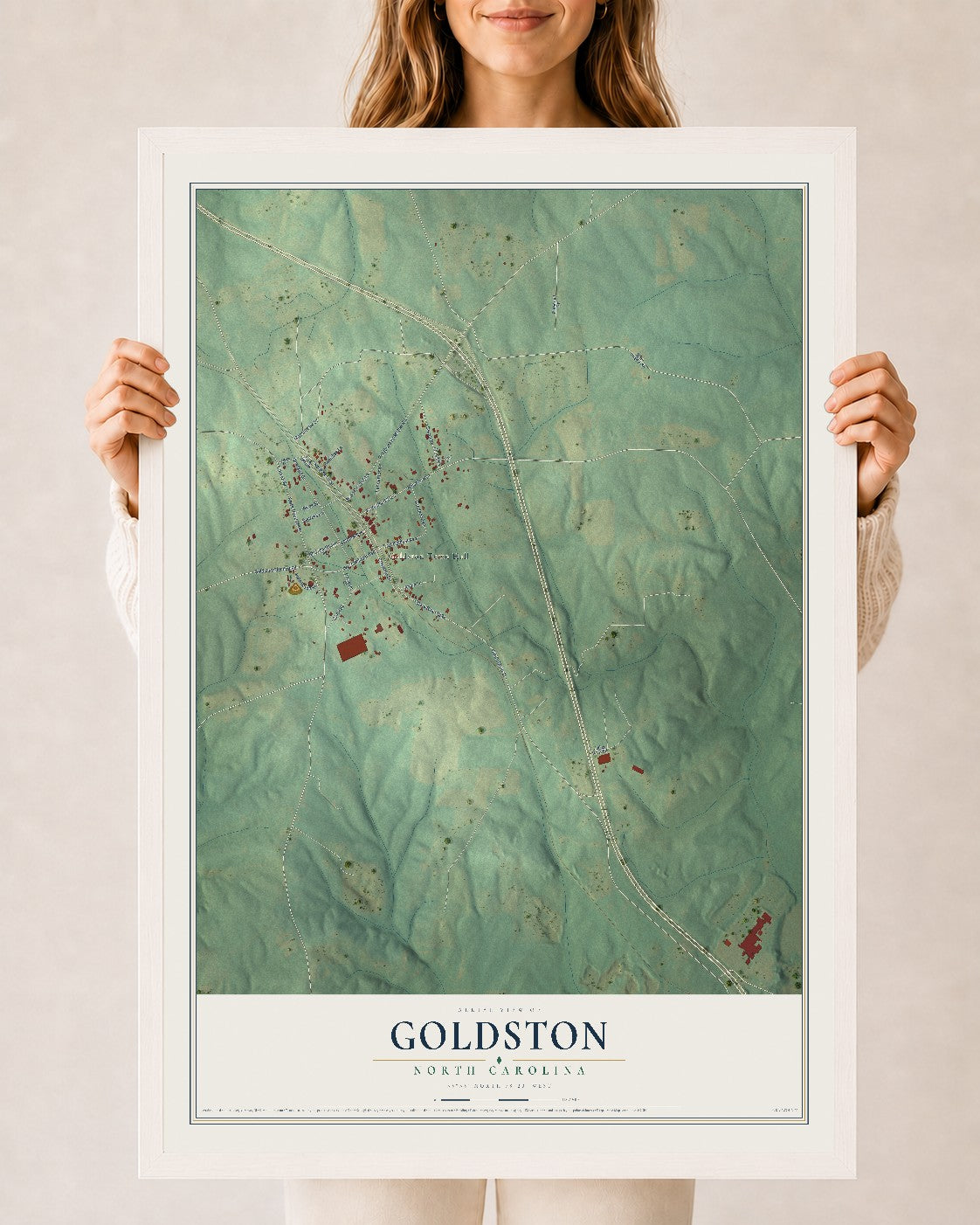 Map of Goldston, North Carolina, 24 x 36 inch print in a white wood frame