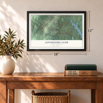 Governors Club, North Carolina map, 12 x 18 inch print in a black frame in an entryway