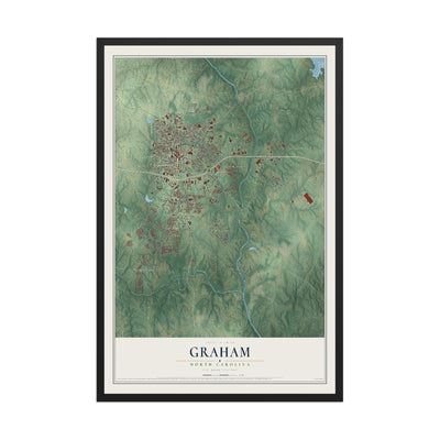 Map of Graham, North Carolina, 12 x 18 inch print in a black wood frame