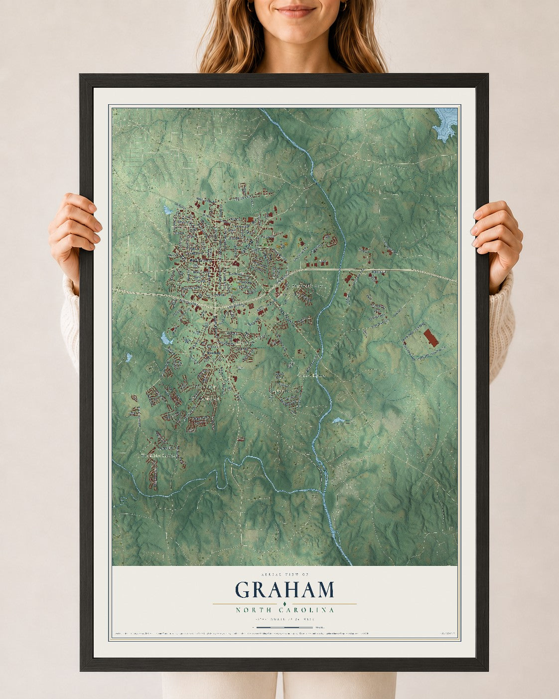 Map of Graham, North Carolina, 24 x 36 inch print in a black wood frame