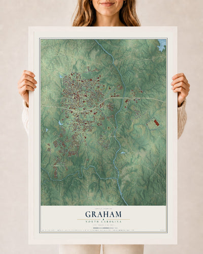 Map of Graham, North Carolina, 24 x 36 inch print in a white wood frame