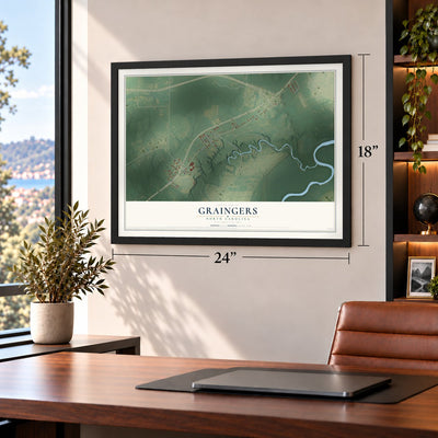 Graingers, North Carolina map, 18 x 24 inch print in a black frame in a home office