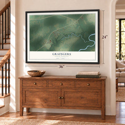 Graingers, North Carolina map, 24 x 36 inch print in a black frame above a dresser by a staircase