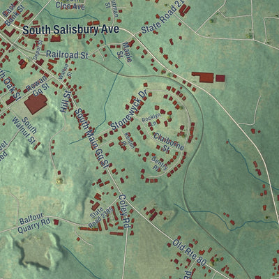 Close-up of the map of Granite Quarry, North Carolina print showing street and building detail