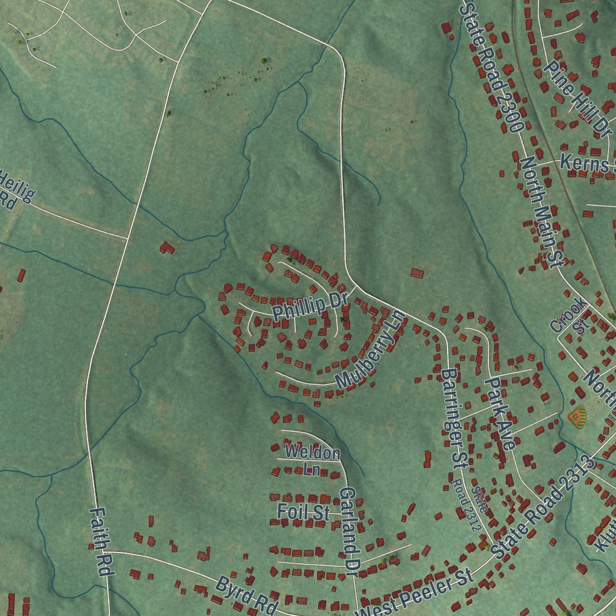Second close-up of the map of Granite Quarry, North Carolina print showing more streets and buildings